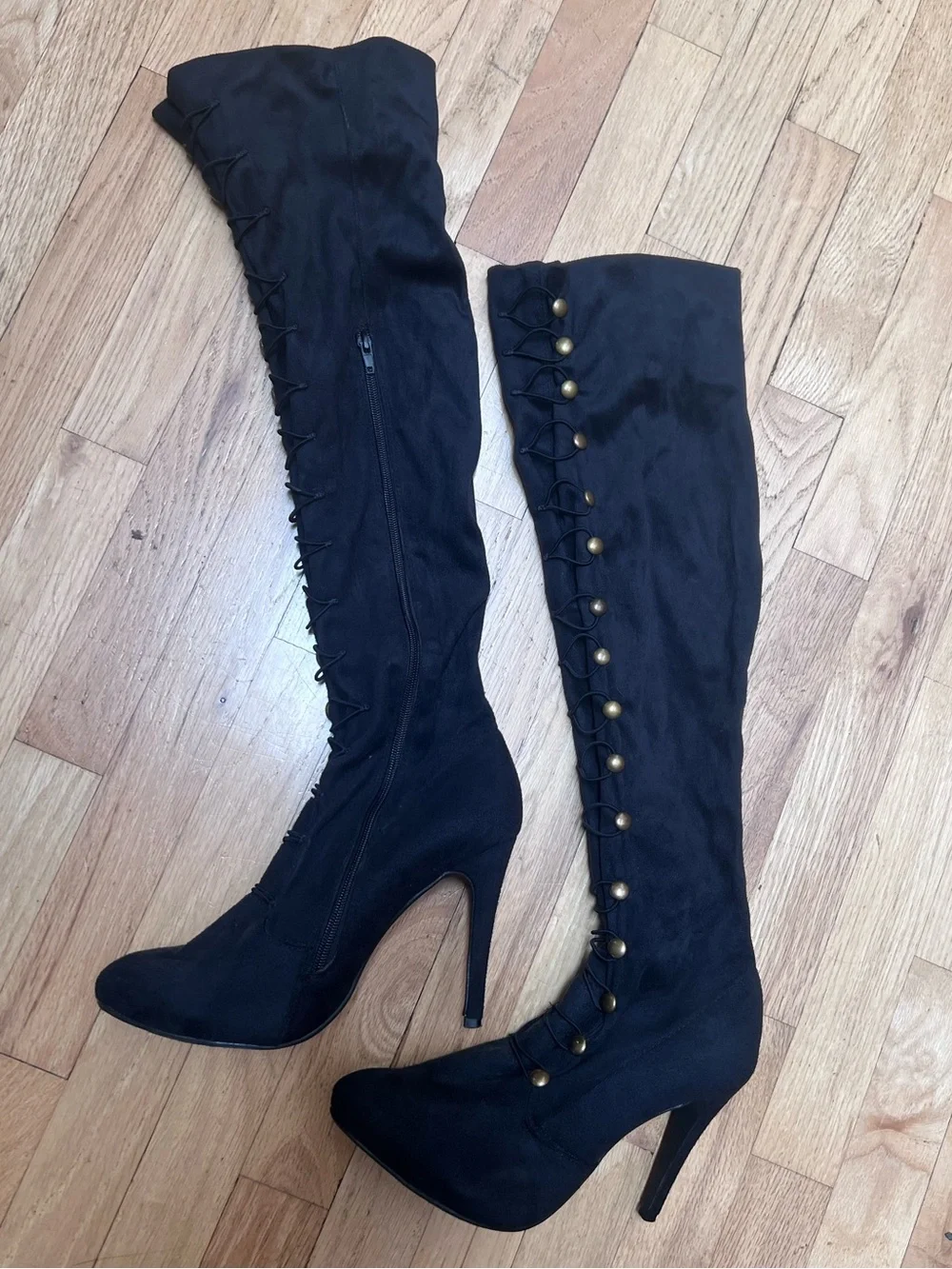 Sexy Black Over-the-Knee Victorian Stiletto Boots Size 10